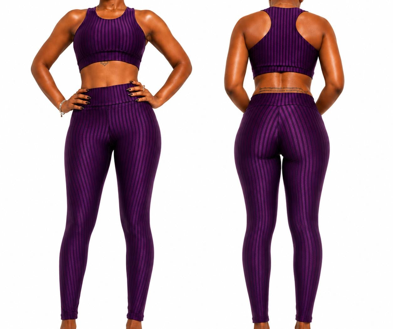 Women's Purple Ribbed Gym Set High Waist Leggings Sports Bra Yoga Fitness