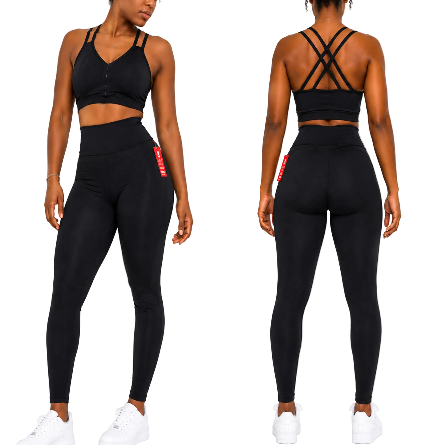 Black Sculpt Cross-Back Gym Set – High Waist Leggings & Sports Bra