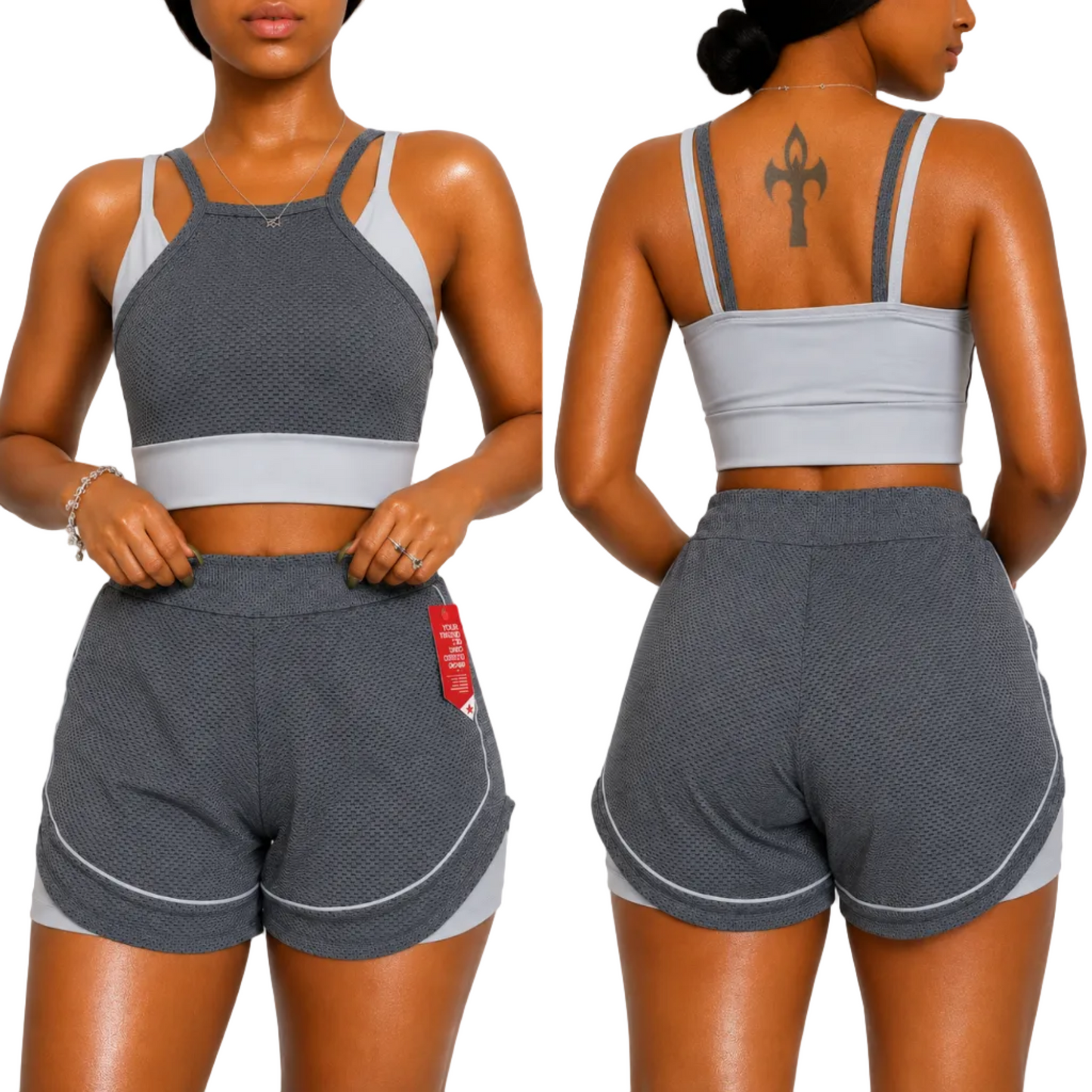 GlowFit Textured Activewear Set – Grey Sports Bra & High Waist Shorts