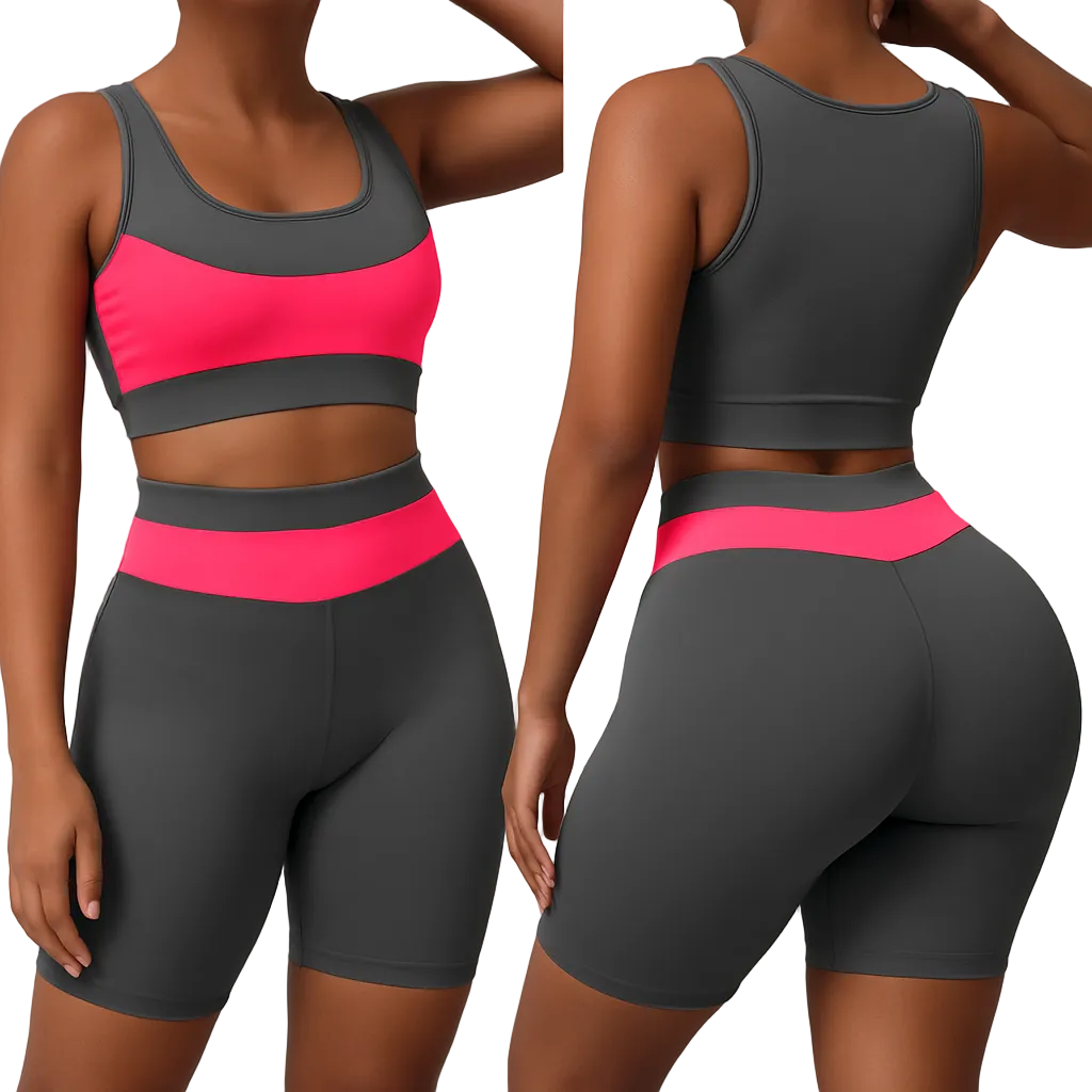 Two-Piece Seamless Fitness Set – Grey & Hot Pink