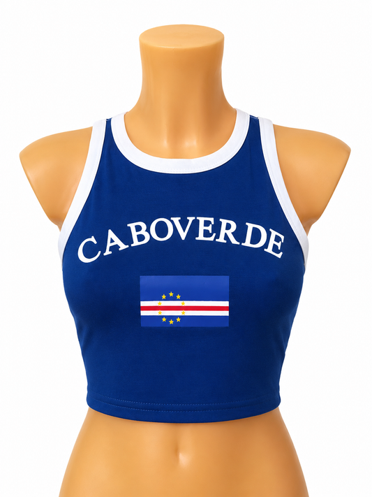 Cabo Verde Flag Women’s Crop Top Collection – White & Blue Racerback Tops