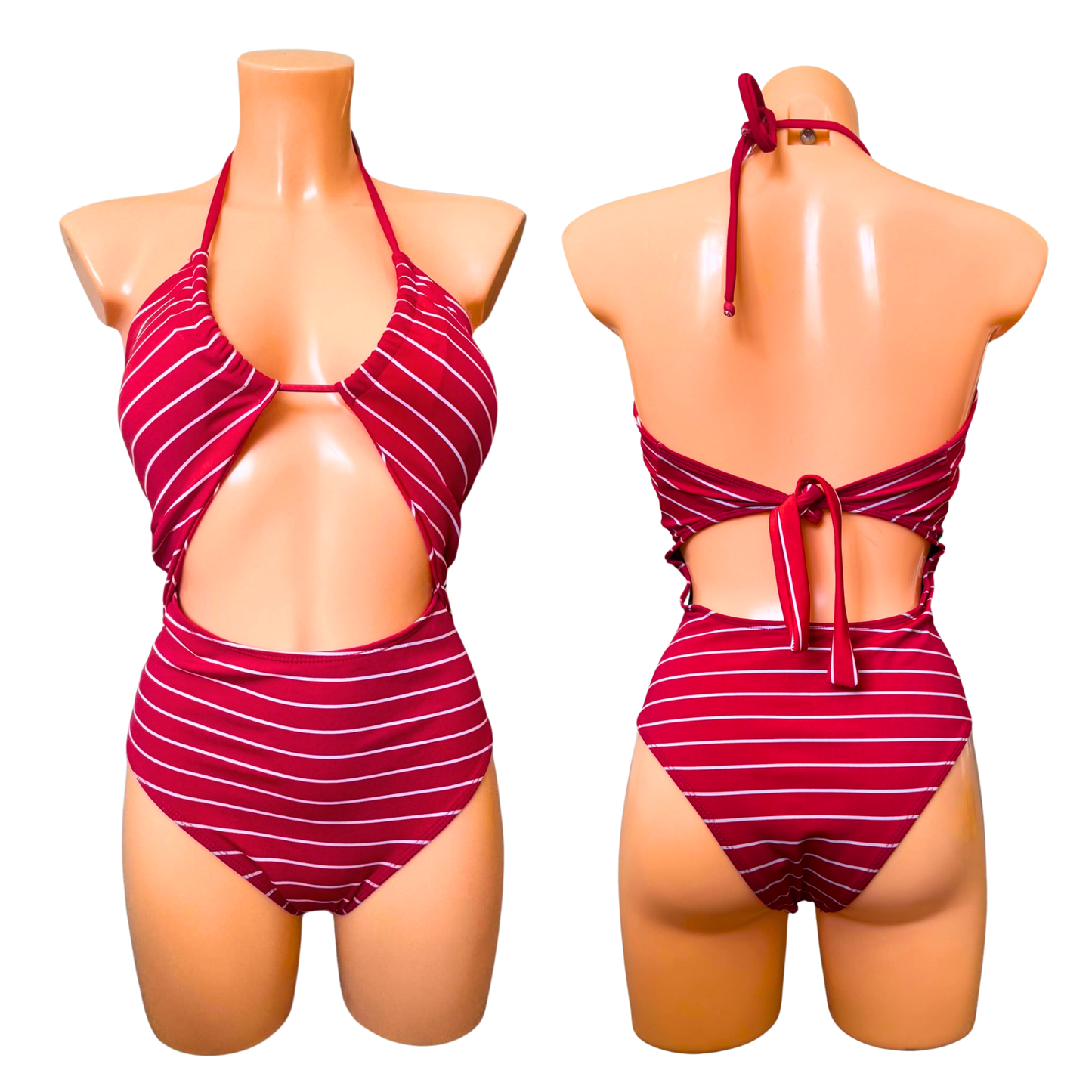 Red & White Striped Cut-Out One-Piece Swimsuit