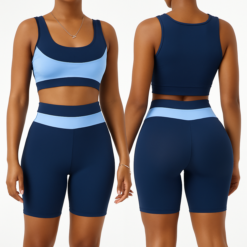 Two-Piece Seamless Fitness Set – Navy & Sky Blue