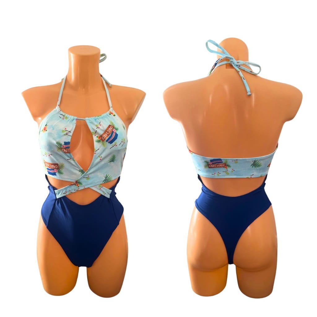🇨🇻 Cape Verde One Piece Swimsuit – Blue & Light Print Monokini, Women’s