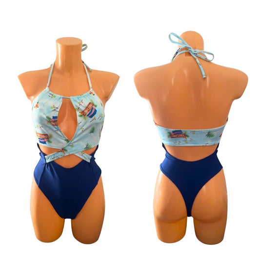 🇨🇻 Cape Verde One Piece Swimsuit – Blue & Light Print Monokini, Women’s