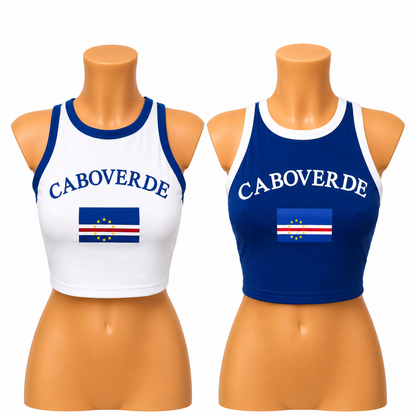 Cabo Verde Flag Women’s Crop Top Collection – White & Blue Racerback Tops