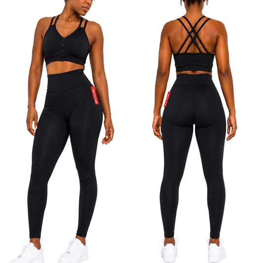 Black Sculpt Cross-Back Gym Set – High Waist Leggings & Sports Bra