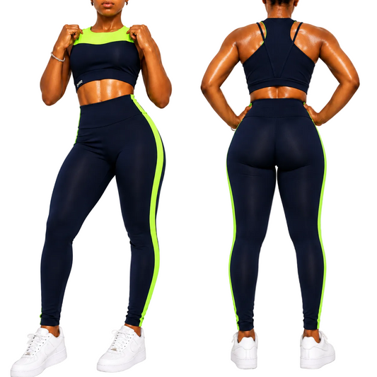GlowFit Sculpt Seamless Gym Set – Navy & Neon Green