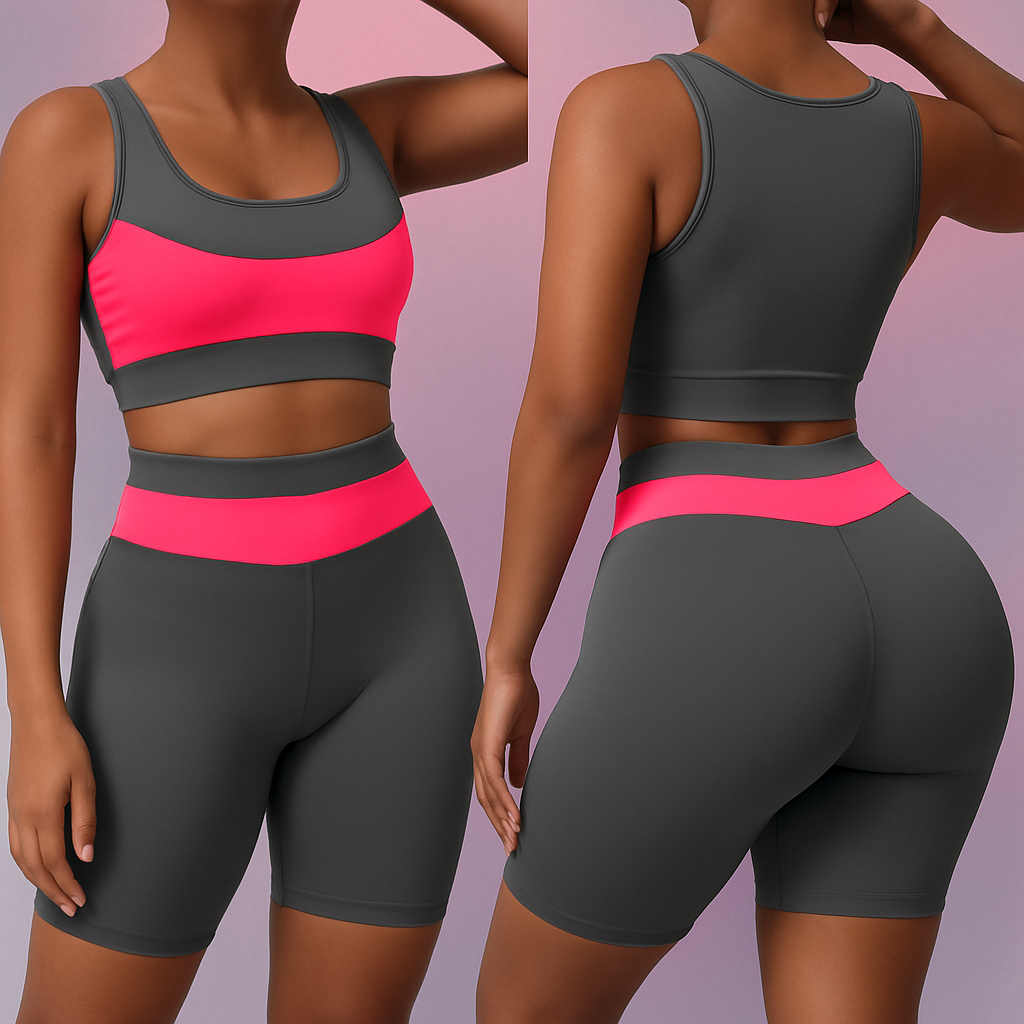Two-Piece Seamless Fitness Set – Grey & Hot Pink
