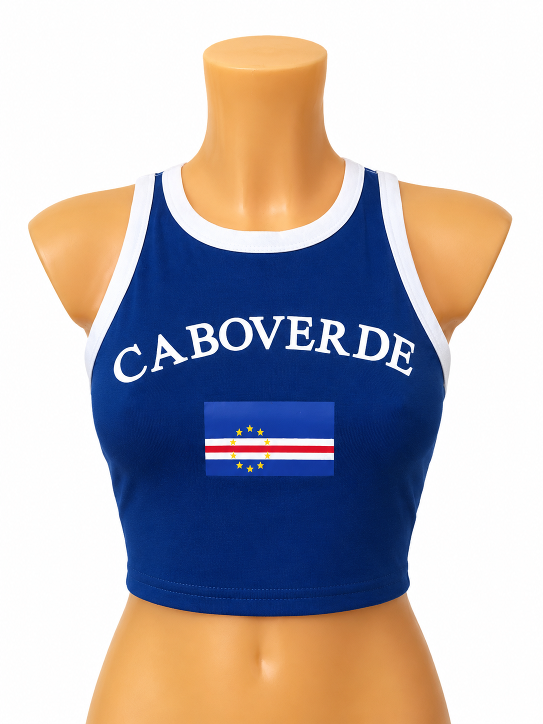 Cabo Verde Flag Women’s Crop Top Collection – White & Blue Racerback Tops