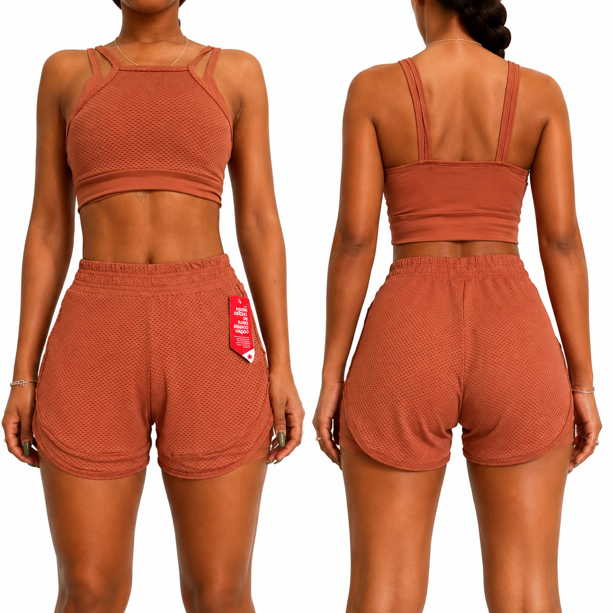 GlowFit Textured Activewear Set – Grey/Clay Orange Sports Bra & High Waist Shorts