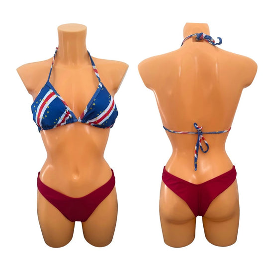 Women’s Two-Piece🇨🇻Bikini Set – Red Bottom & Printed Blue Triangle Top
