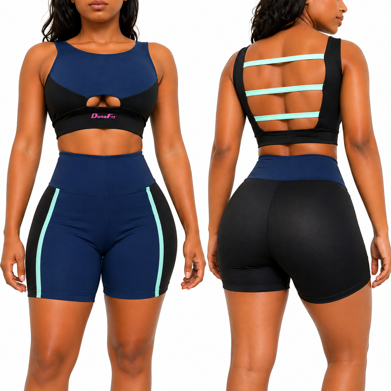 Women Two-Piece Seamless Fitness Set – Navy & Mint Green
