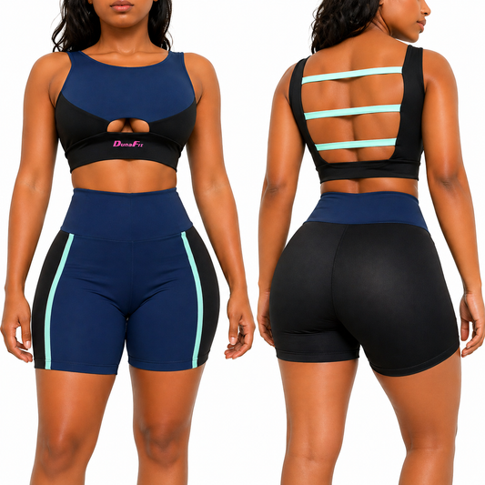 Women Two-Piece Seamless Fitness Set – Navy & Mint Green